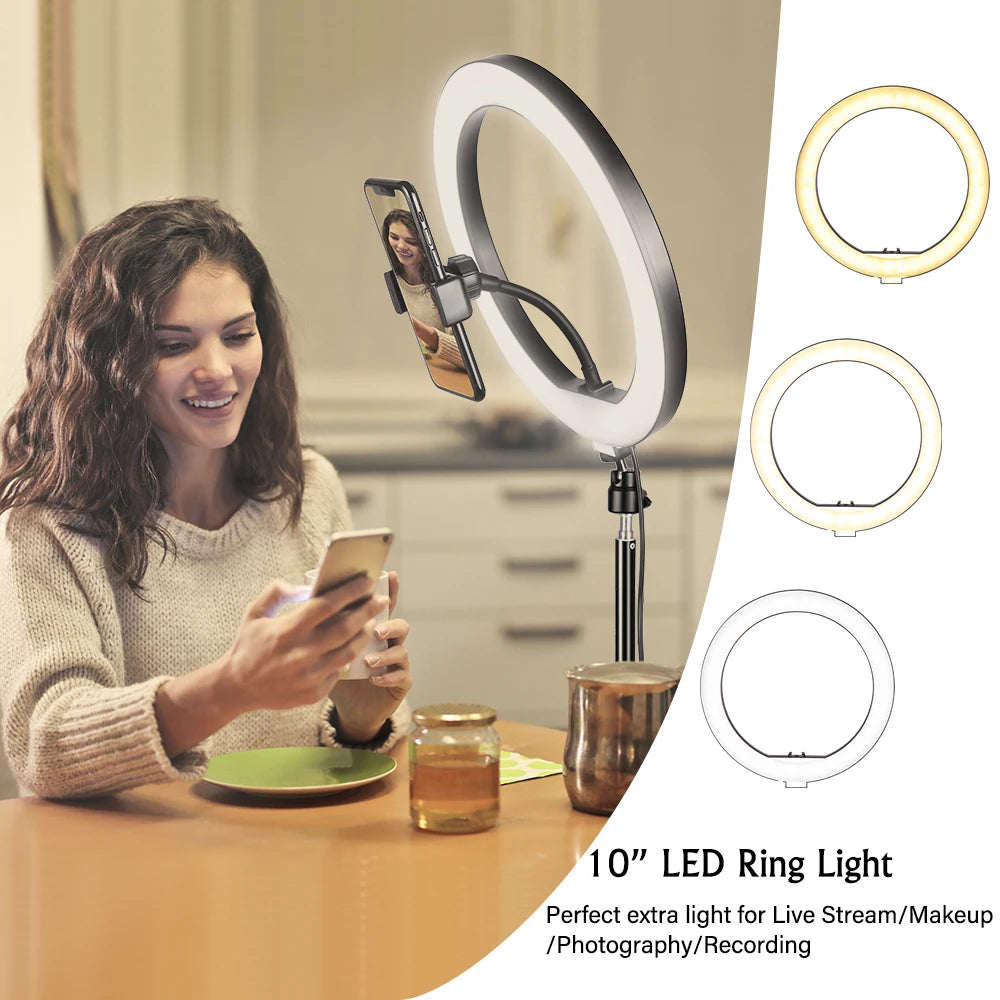 10Inch LED Ring Light Lamp with Phone Clip Tripod Stand Selfie Video for Tik Tok Youtube Phone Live Photo Photography Studio