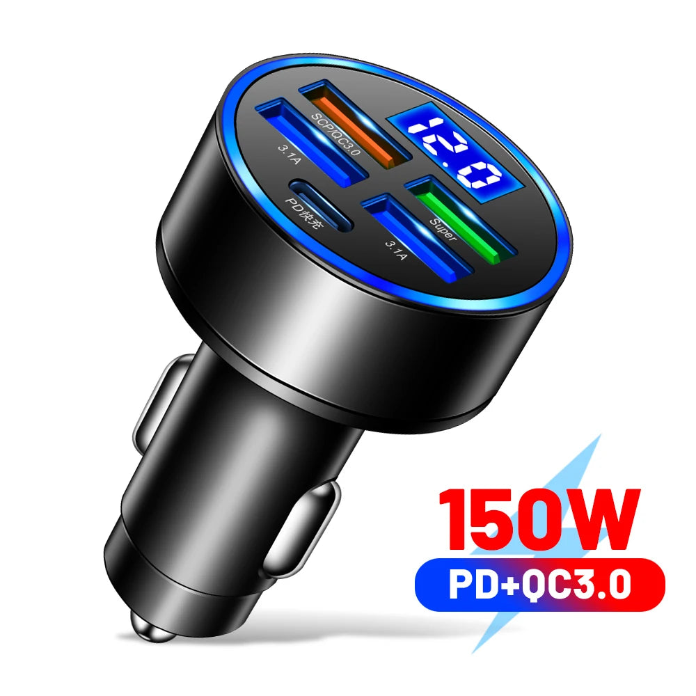 250W PD Car Charger QC3.0 Fast Charge One to Six Car Cigarette Lighter Plug Car Charger Flash Charge with Digital Display