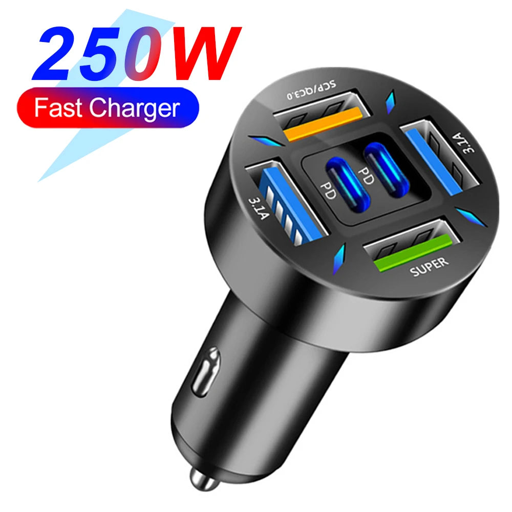 250W PD Car Charger QC3.0 Fast Charge One to Six Car Cigarette Lighter Plug Car Charger Flash Charge with Digital Display