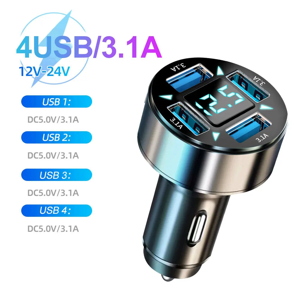 250W PD Car Charger QC3.0 Fast Charge One to Six Car Cigarette Lighter Plug Car Charger Flash Charge with Digital Display