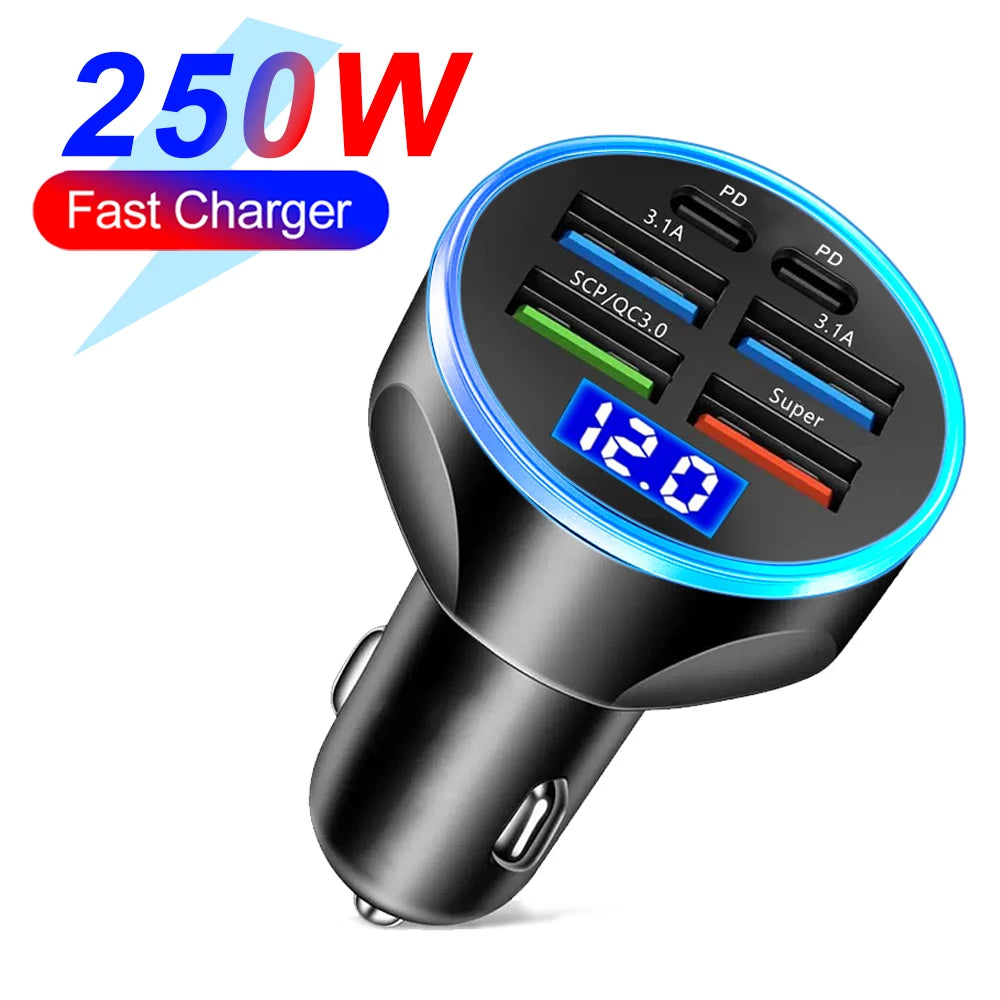 250W PD Car Charger QC3.0 Fast Charge One to Six Car Cigarette Lighter Plug Car Charger Flash Charge with Digital Display