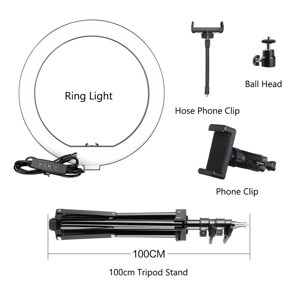 10Inch LED Ring Light Lamp with Phone Clip Tripod Stand Selfie Video for Tik Tok Youtube Phone Live Photo Photography Studio