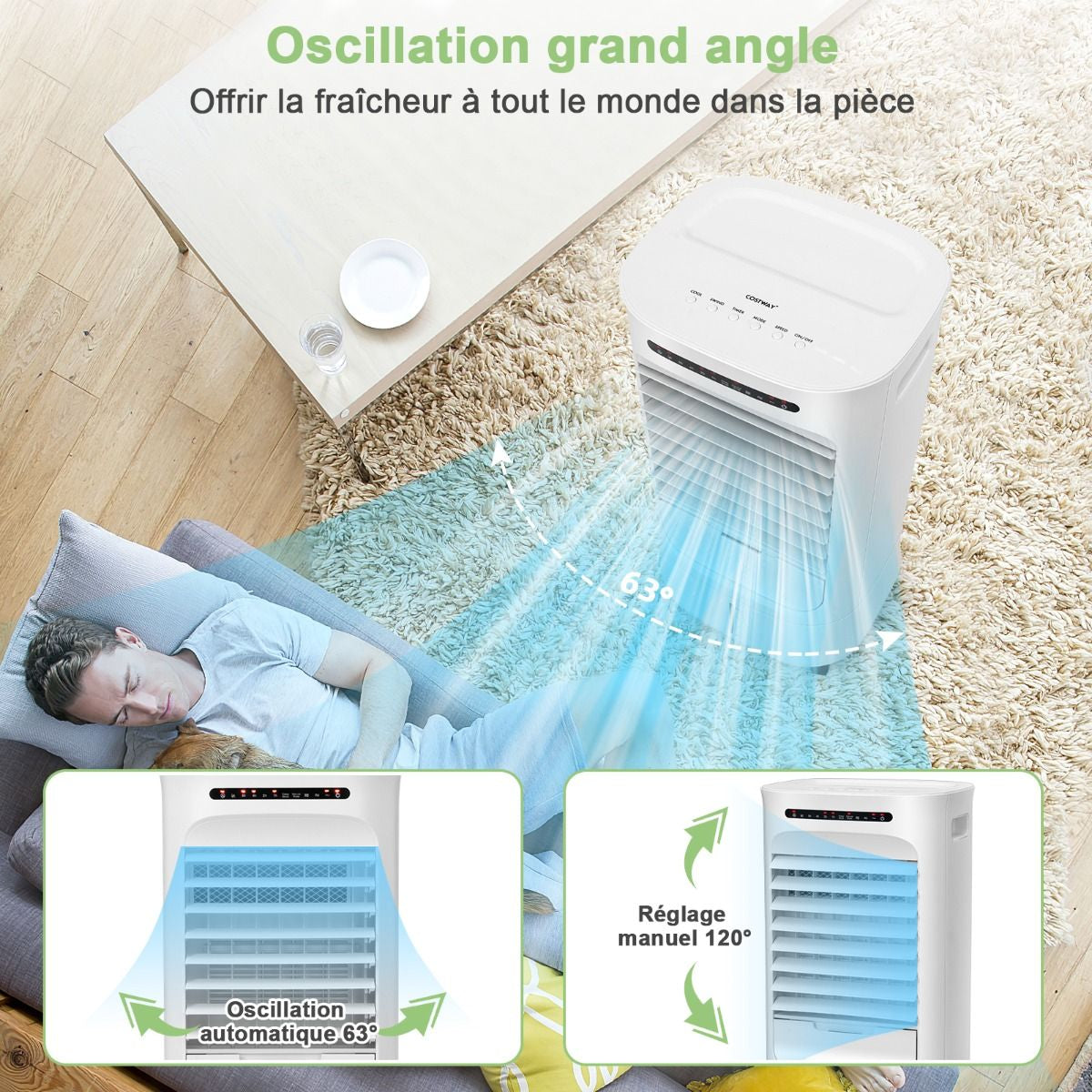 Climatiseur Mobile 3 En 1 Avec Télécommande Minuterie 15H Réservoir 10 L Oscillation Et Modes/Vitesses Variables