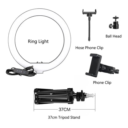 10Inch LED Ring Light Lamp with Phone Clip Tripod Stand Selfie Video for Tik Tok Youtube Phone Live Photo Photography Studio