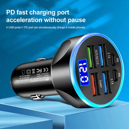 250W PD Car Charger QC3.0 Fast Charge One to Six Car Cigarette Lighter Plug Car Charger Flash Charge with Digital Display