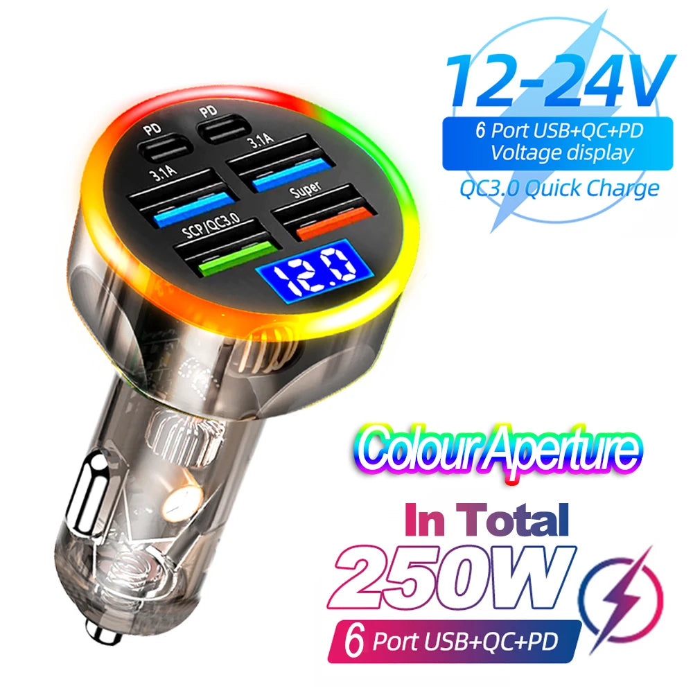 250W PD Car Charger QC3.0 Fast Charge One to Six Car Cigarette Lighter Plug Car Charger Flash Charge with Digital Display